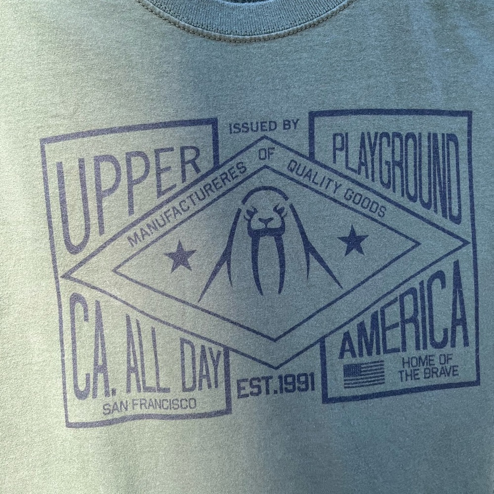 Upper Playground T-Shirt Mens Size Large Black Graphic Crew Neck Green